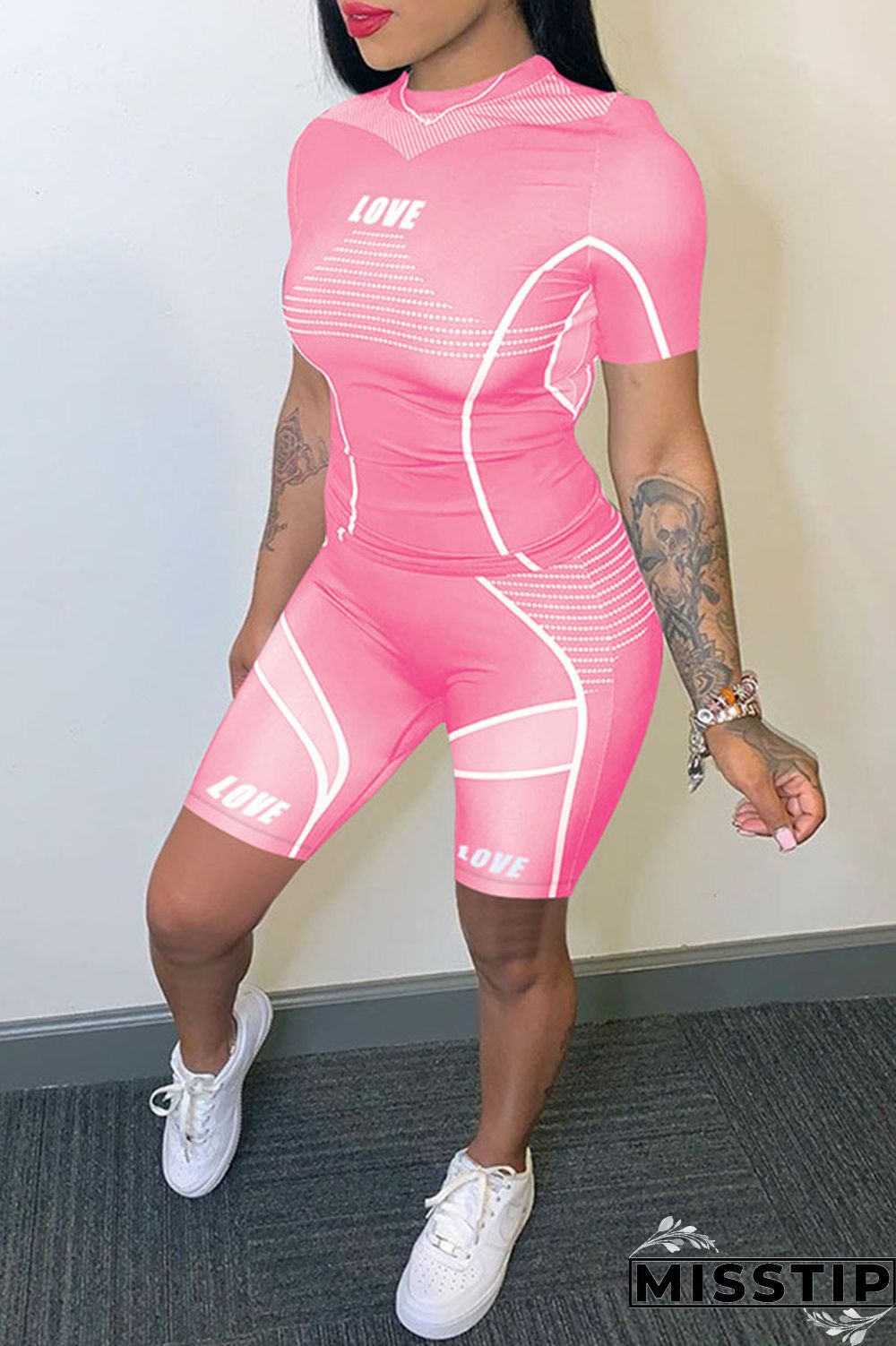 Black Casual Sportswear Print Patchwork O Neck Short Sleeve Two Pieces