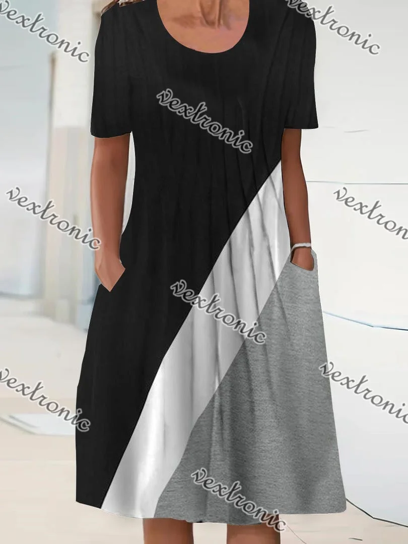 Women Short Sleeve Scoop Neck Striped Colorblock Midi Dress