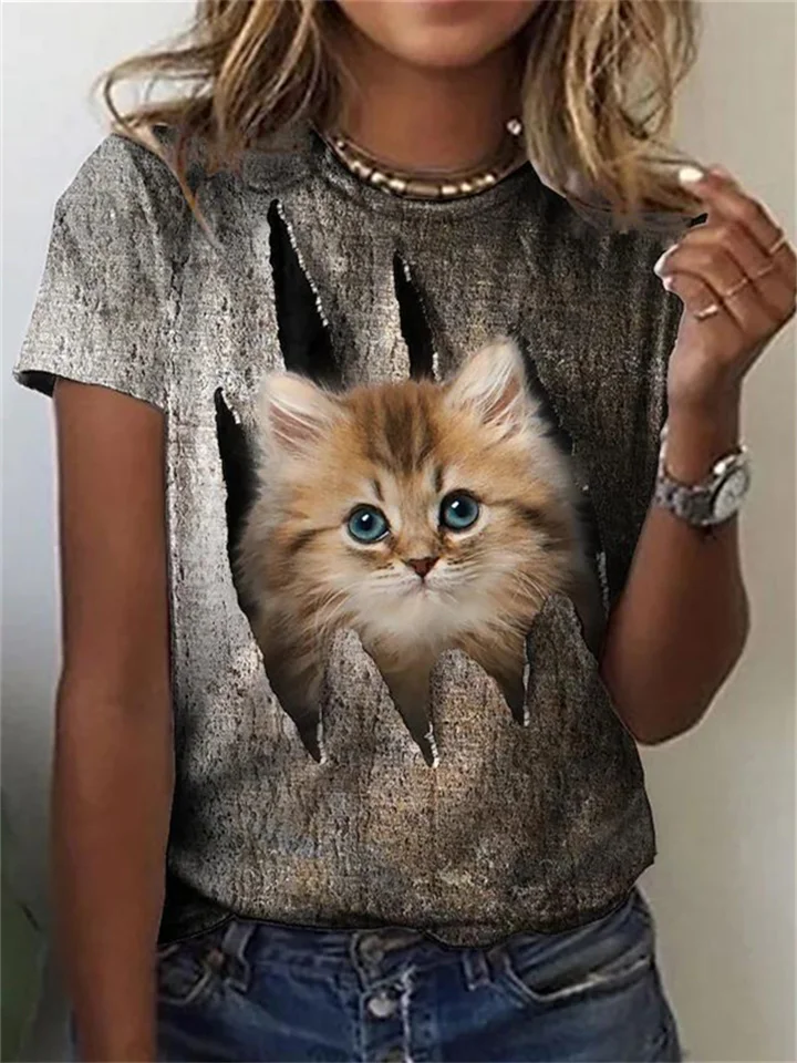 Women's 3D Cat Print Round Neck Short-sleeved T-shirt Female Summer Brown White-Cosfine