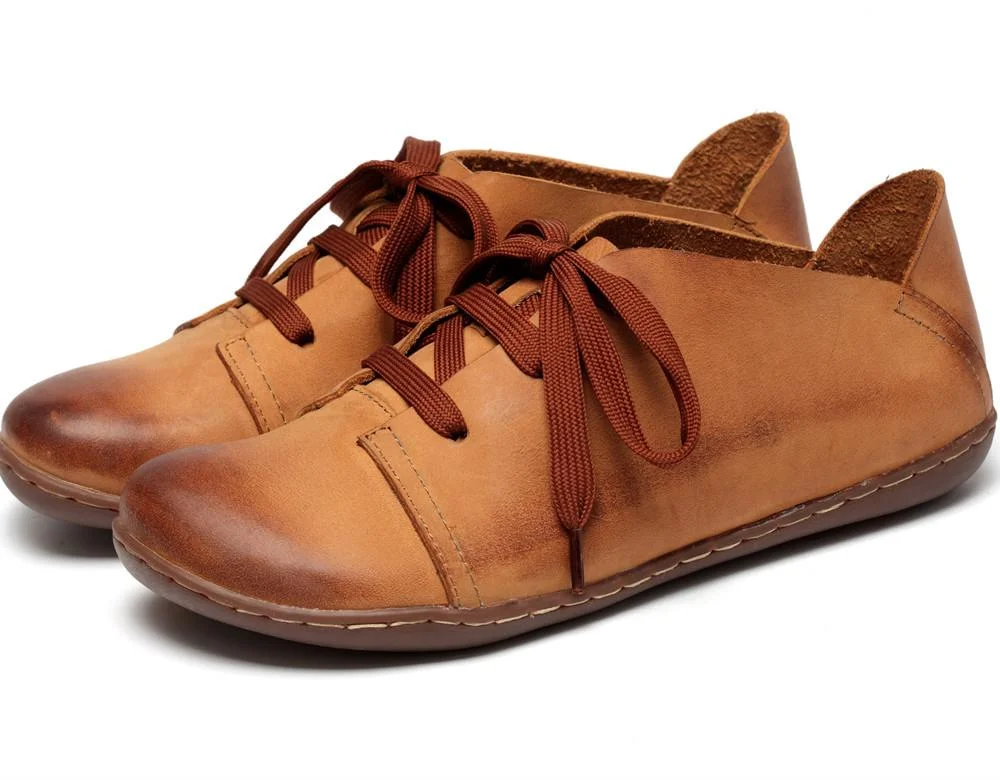 Handmade Fashion Leather Flat Shoes For Women Soft Oxfords&Tie Shoes Brown Lace Up Flats