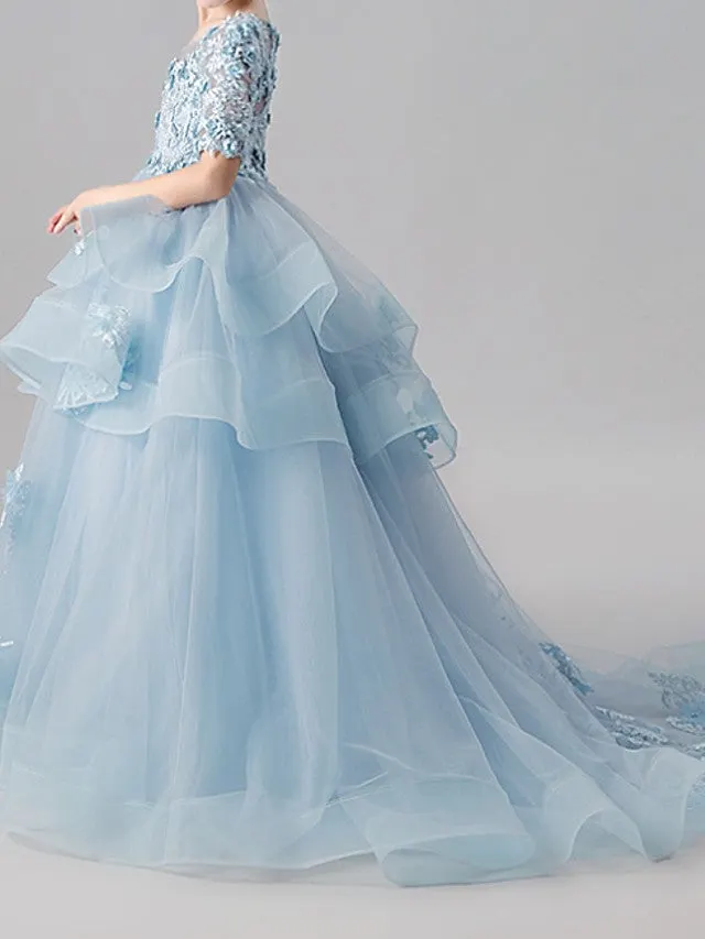 Short Sleeve Jewel Neck Flower Girl Dresses with Chiffon Beading and Draping