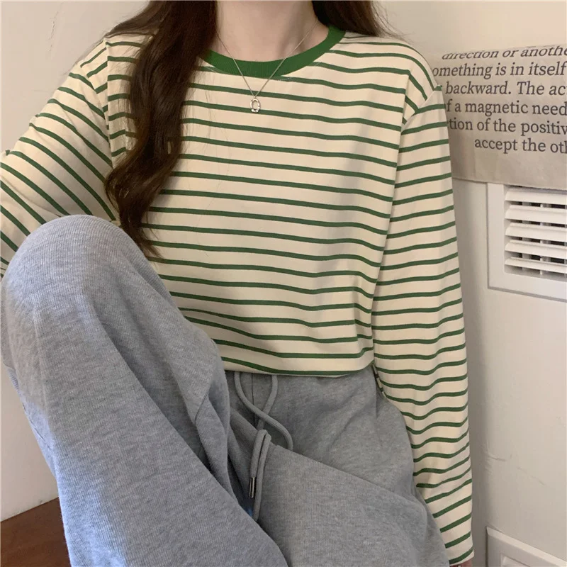 Uveng Uveng Collar Long-Sleeved T-Shirt Women's 2023 Autumn Dress New Loose And Thin Striped Undershirt Casual Inside Top