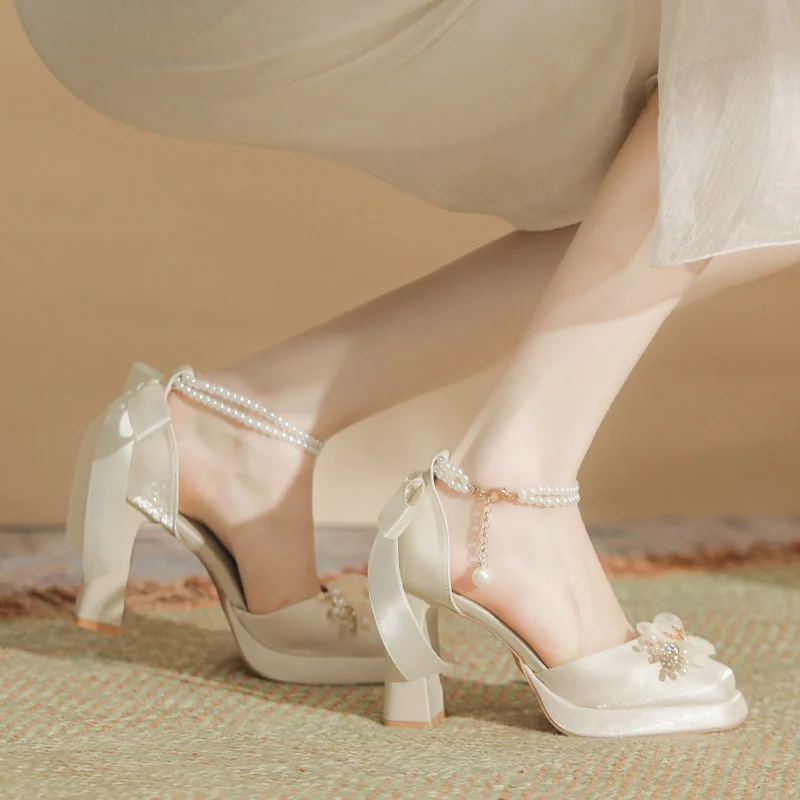 Churchf Churchf Flower Rhinestone Rough With Mary Jane Satin Hollow Xiu He Wedding Dress Two Wear Wedding Shoes Bridesmaid Shoes Female