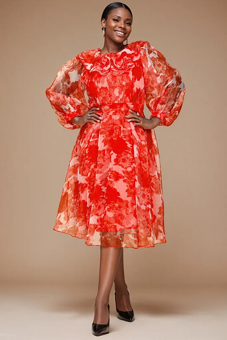Floral Print Balloon Sleeve Formal Party A-Line Midi Dresses-Red
