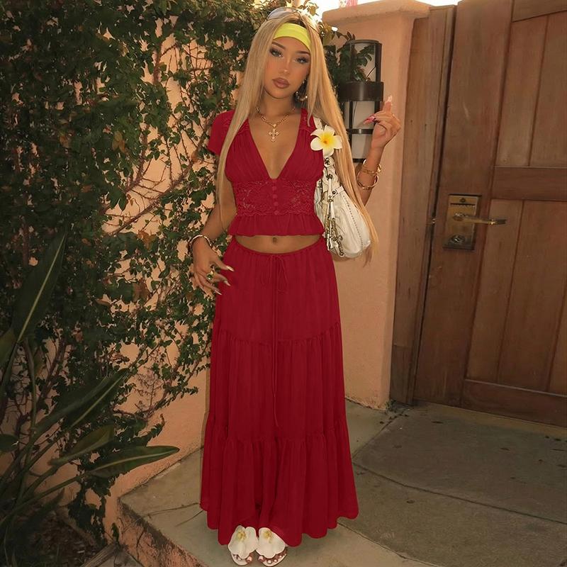 Women Summer Short Sleeve V Neck Tops Long Skirt Beach Vacation Chiffon Two Piece Set Outfit Women Summer Short Sleeve V Neck Tops Long Skirt Beach Vacation Chiffon Two Piece Set Outfit