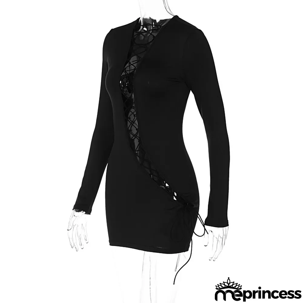 Women Sexy Hollow Tie V-neck Long Sleeve Bodycon Dress
