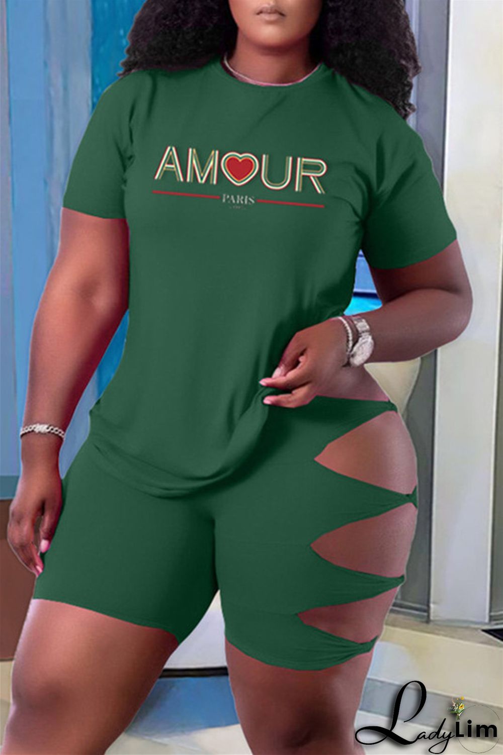 Green Fashion Casual Letter Print Ripped O Neck Plus Size Two Pieces