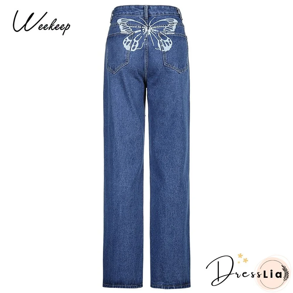 Weekeep Butterfly Print Streetwear Jeans High Waist Women Jeans Korean Fashion Straight Trouser Denim Pants Harajuku