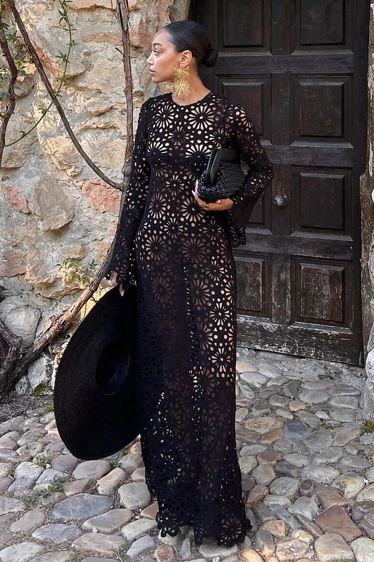 Hollow Out Floral Crochet Long Sleeve Maxi Dresses-Black [Pre Order]