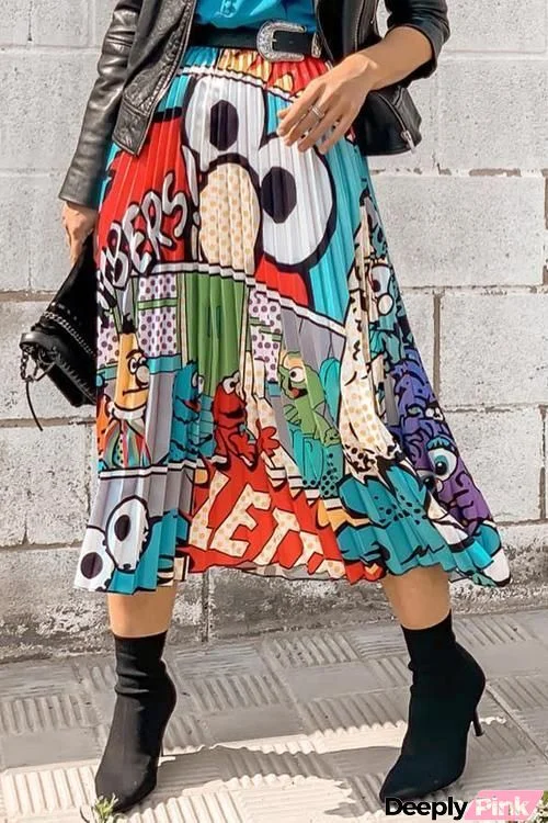 Cartoon Print Pleated Skirts