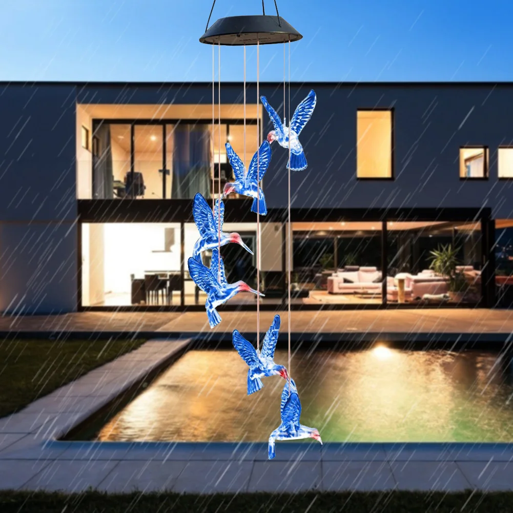 Solar LED Color Changing Wind Chime Lamps Hummingbird Pendant Lights (A)