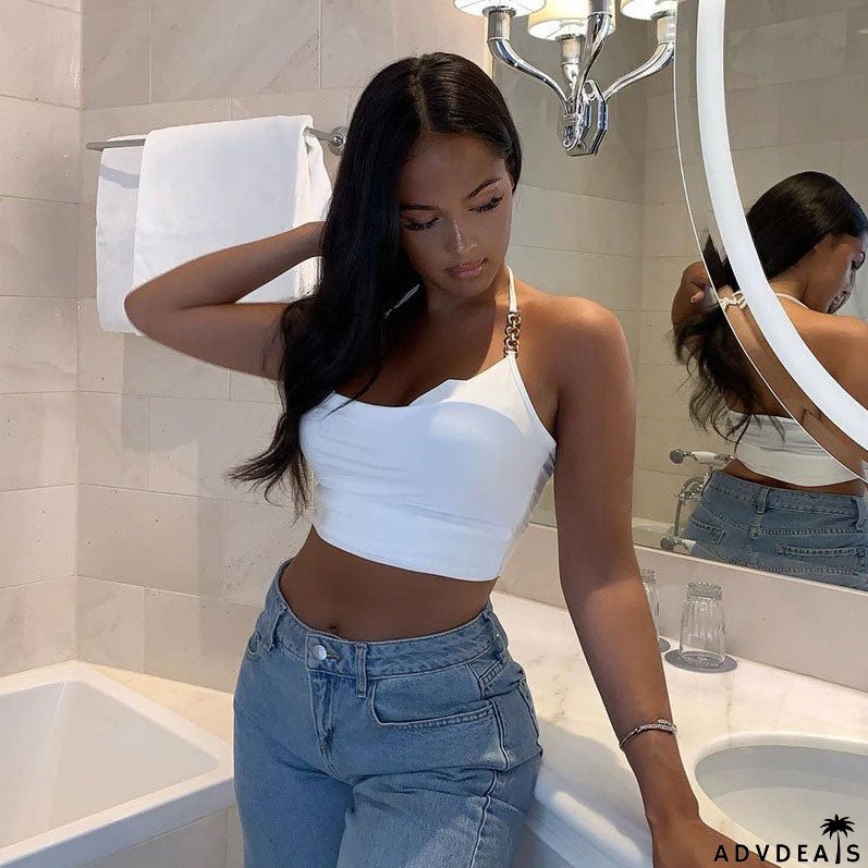 Stunning Metallic Trim Sleeveless Cowl Neck Halter Crop Top - White