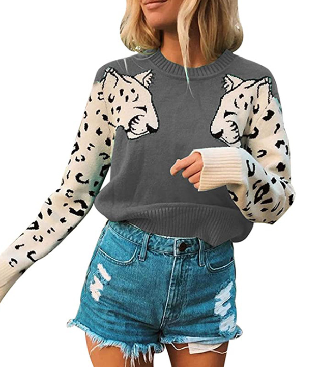 Casual Colorblock Leopard Head Blouse Sweater | EGEMISS