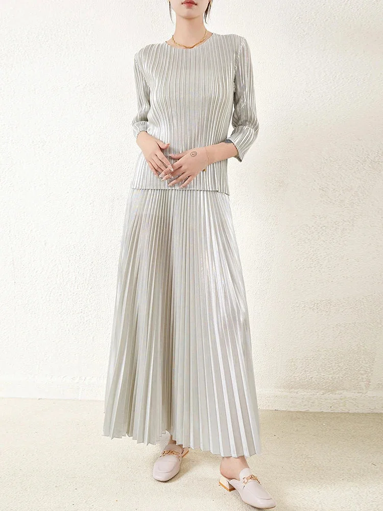 Original Beige O-neck Three-quarter Sleeve Pleated Top And Pleated Wide Leg Pants Set