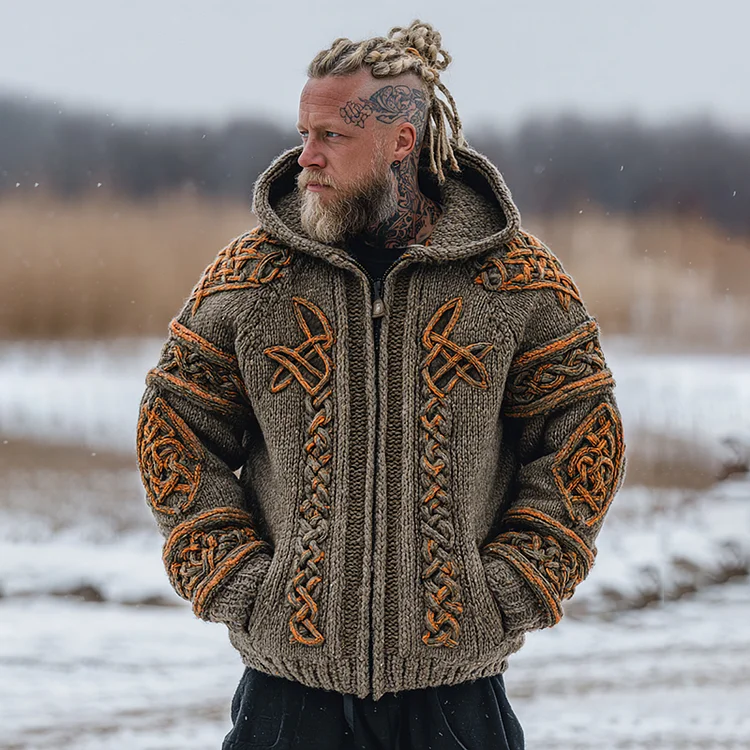 Men's Vintage Viking Celtic Knot Cozy Zip Up Knit Hooded Sweater