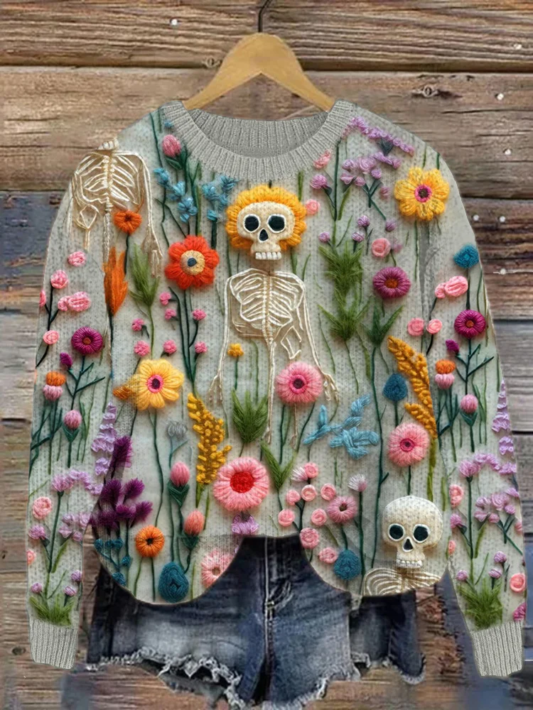 Comstylish Ghost & Floral Embroidery Pattern Vintage Knit Sweater