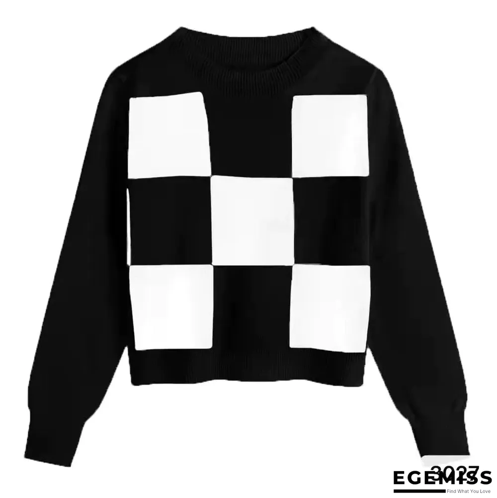 Chessboard Plaid Half High Neck Sweater | EGEMISS