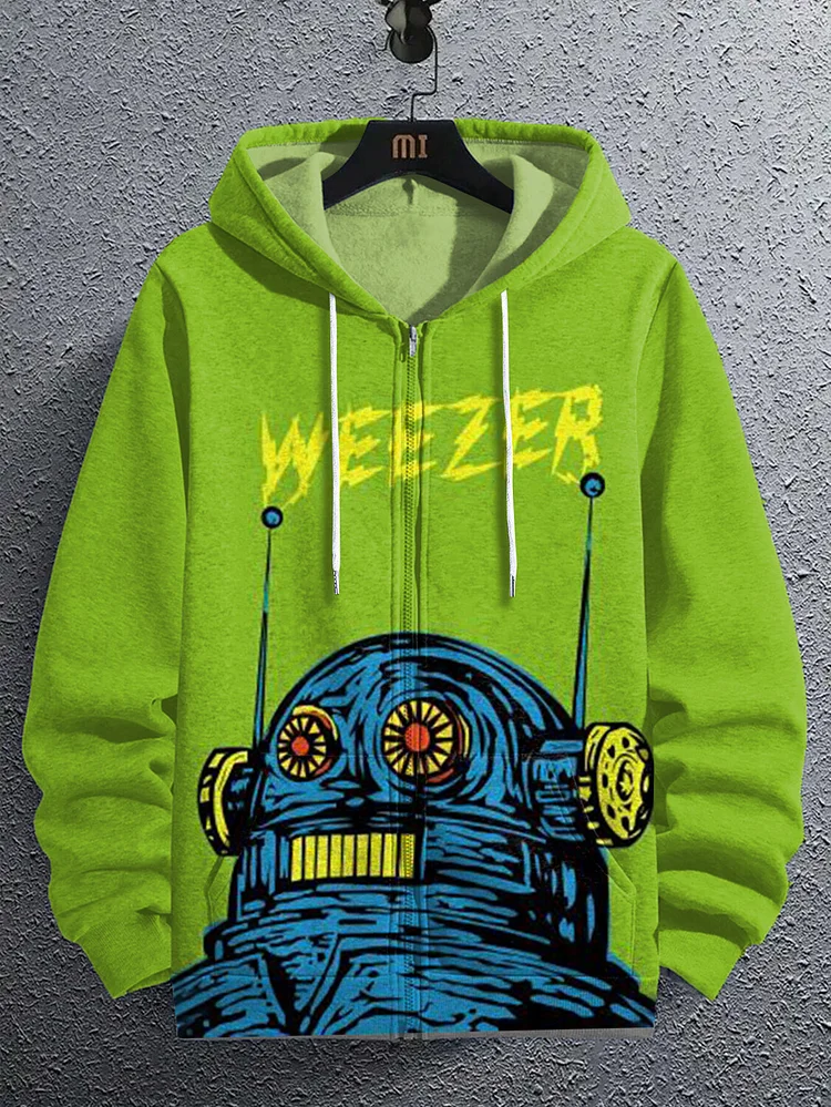 Men's Weezer Robot Art Print Hooded Zip Up Jacket