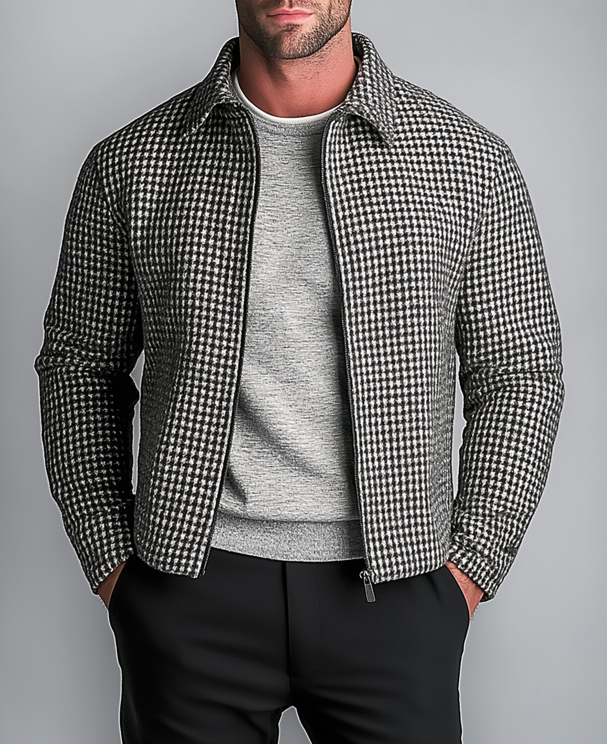 Okaywear Houndstooth Long Sleeve Zipper Boxy Work Jacket