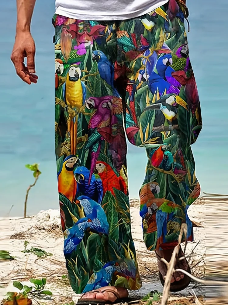 Summer New Men's Drawstring Beach Vacation Style Wide Leg Pants Fashion Fun Parrot Pattern Print Loose Casual Beach Pants