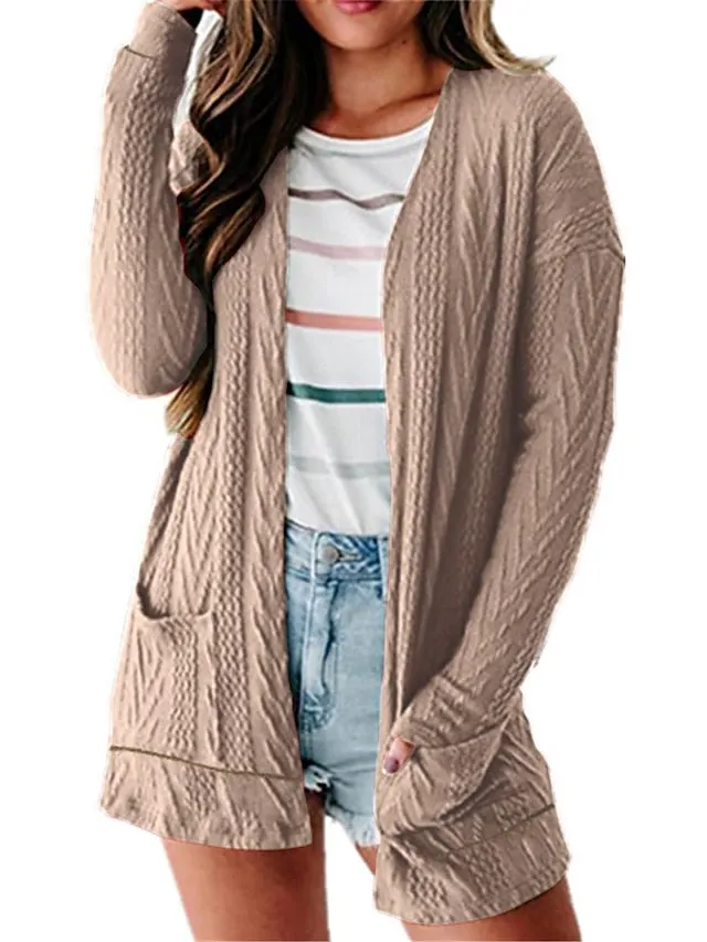 Womens Cardigan Sweater Jumper Cable Knit Pocket Solid Color Open Front Stylish Casual