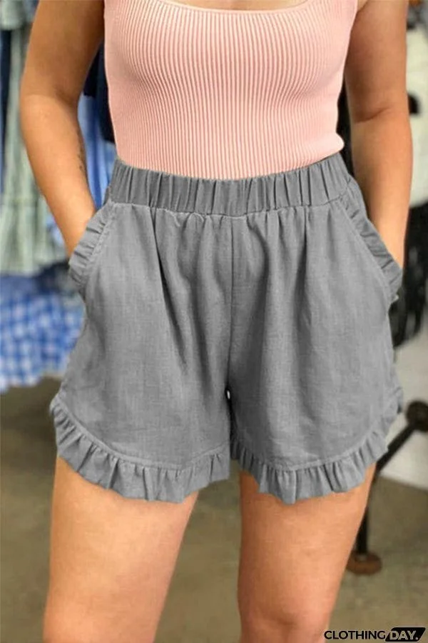 Elastic Waist Wide Leg Ruffle Cotton Linen Shorts