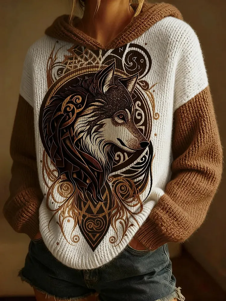 Women's Retro Wolf Art Print Casual Top