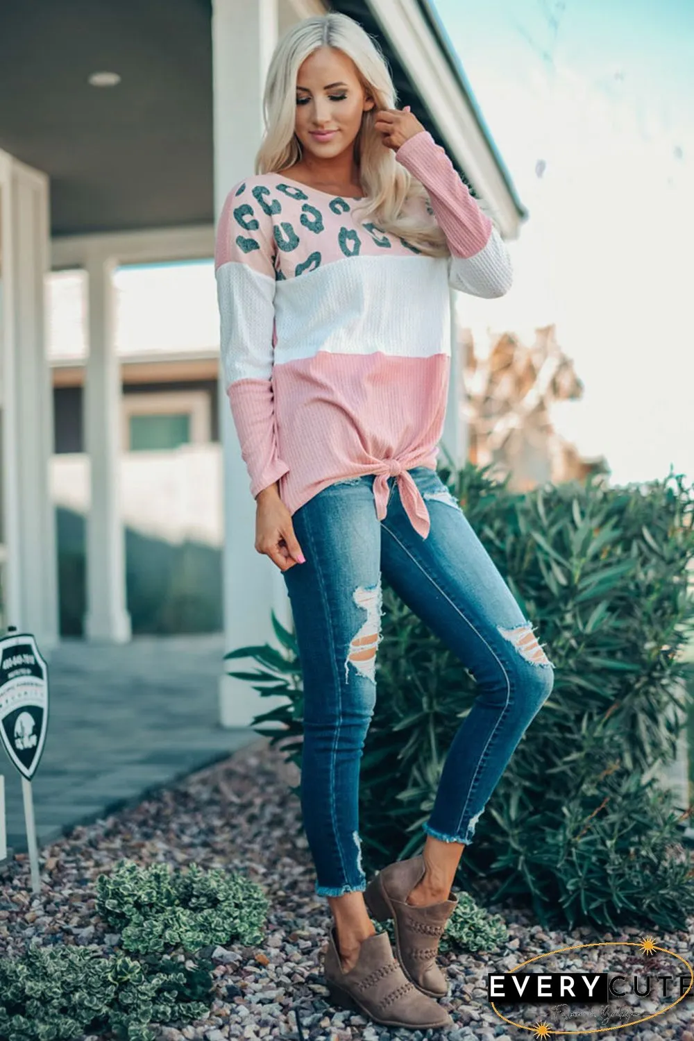 Pink Color Block Leopard Tie Top