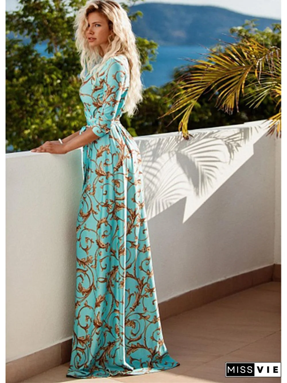 Printed Slim V-neck Long Dress