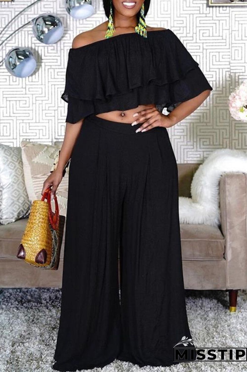 Blue Fashion Casual Solid Patchwork Off the Shoulder Half Sleeve Two Pieces