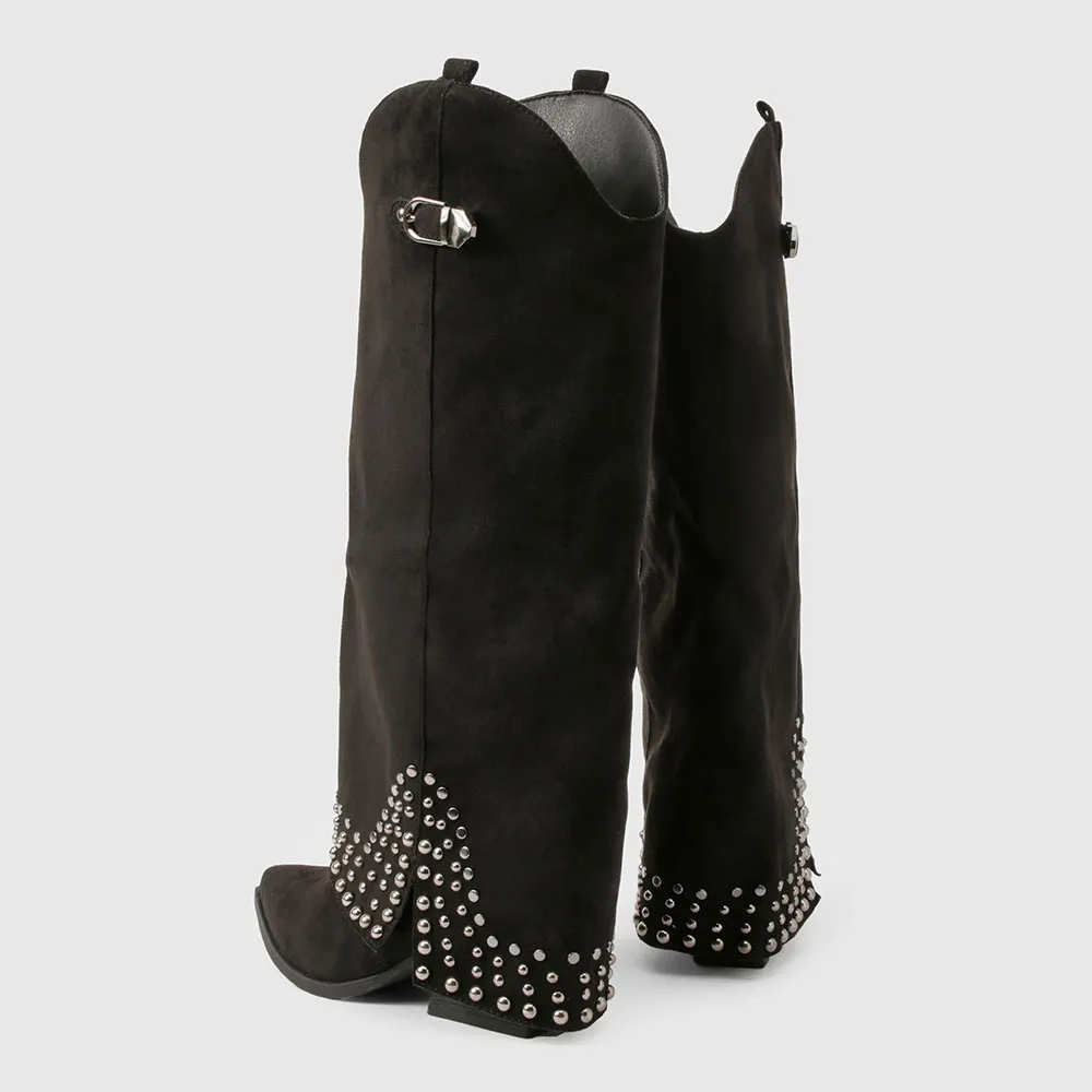 Black Pointed Toe Buckle Fold-Over Knee High Studded Cowgirl Boots