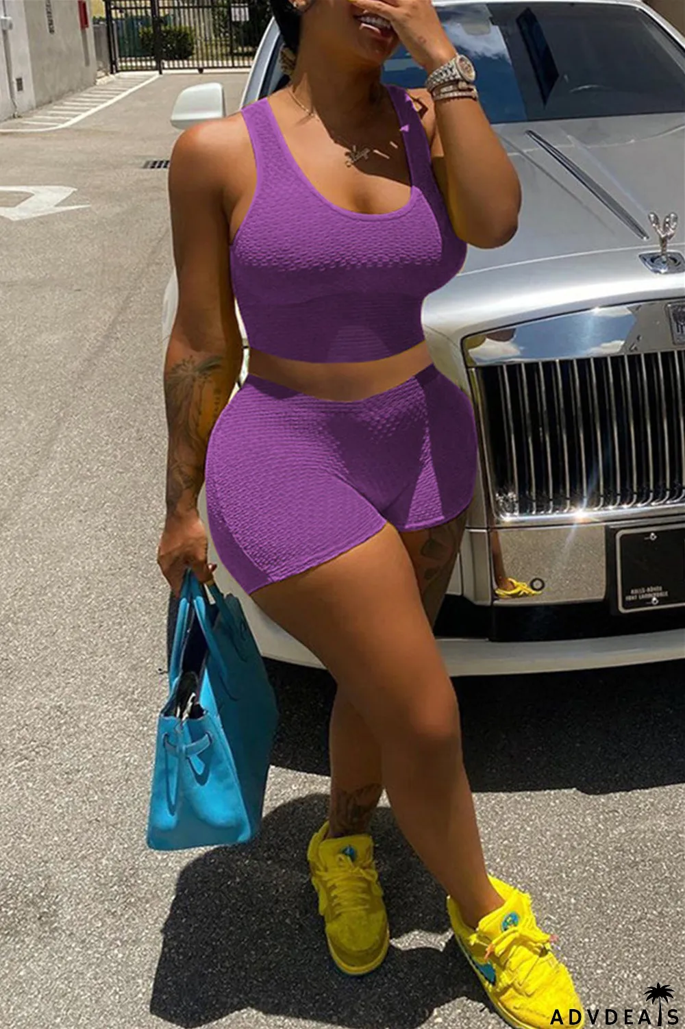 Yellow Fashion Casual Solid Basic U Neck Sleeveless Two Pieces