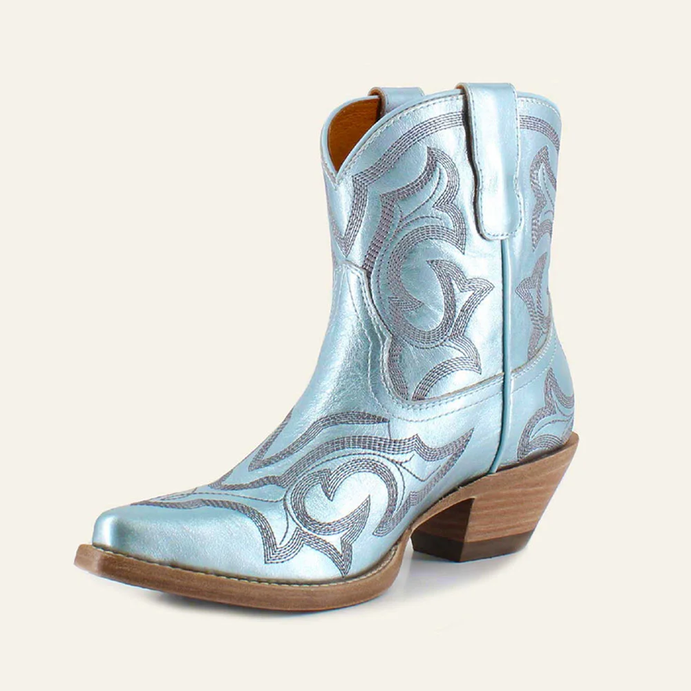 Light Blue Snip Toe Embroidered Chunky Heel Short Cowgirl Boots