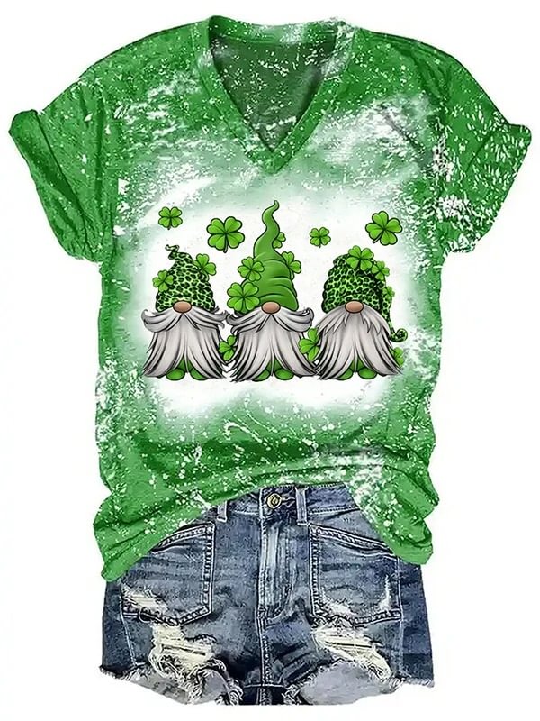 Women‘s Gnome Clover Tie-Dye Print Casual T-shirt