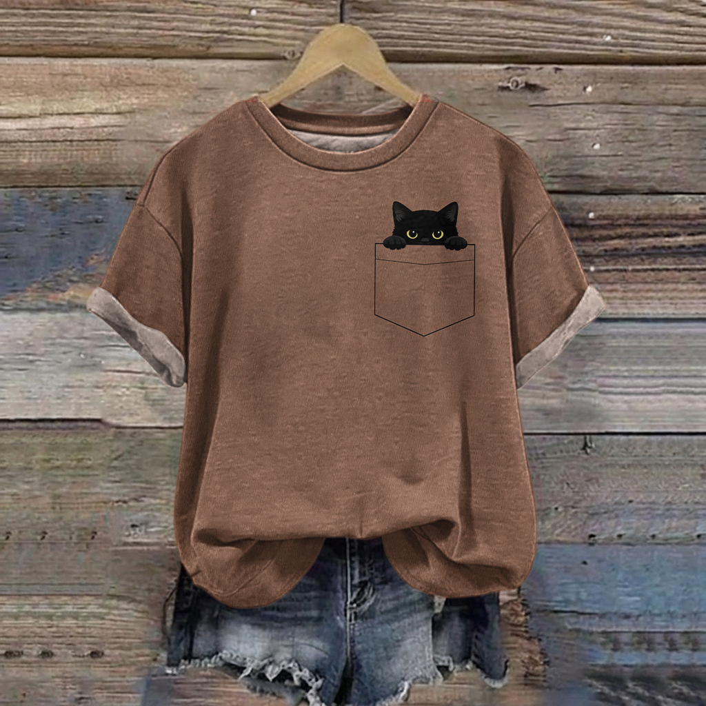 Comstylish Vintage Creative Black Cat Art Casual T-shirt