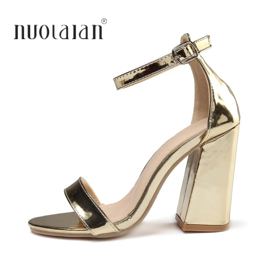 Size35-42 2019 Fashion Shoes Women Heeled Sandals Gold Silver Ankle Strap Pumps Super High Heels 10 CM Square Heels Lady Shoes