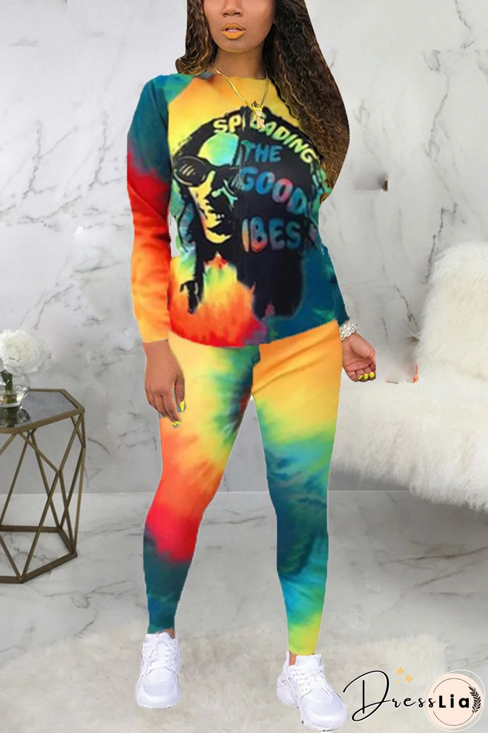 Sexy Print Tie-Dye O Neck Long Sleeve Two Pieces