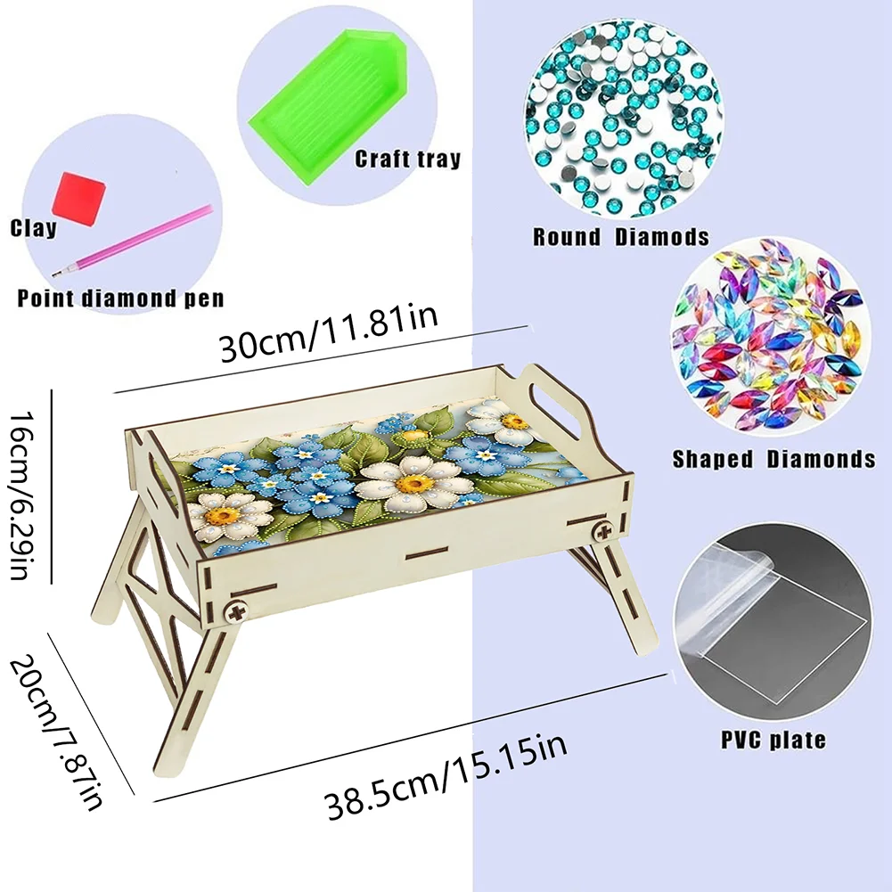 DIY Diamond Painted Dining Plate with Handle Wooden Food Tray Home Decor Gift