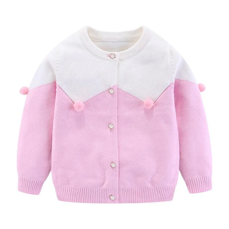 Mudkingdom Baby Girl Cardigan Sweater Autumn Spliced Cute Pompon Kids Knit Outwear