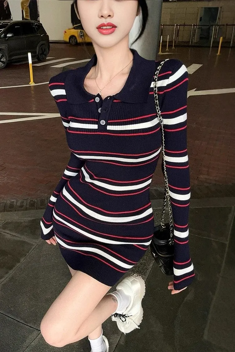 Polo Collar Striped Knitted Bodycon Dress for Women
