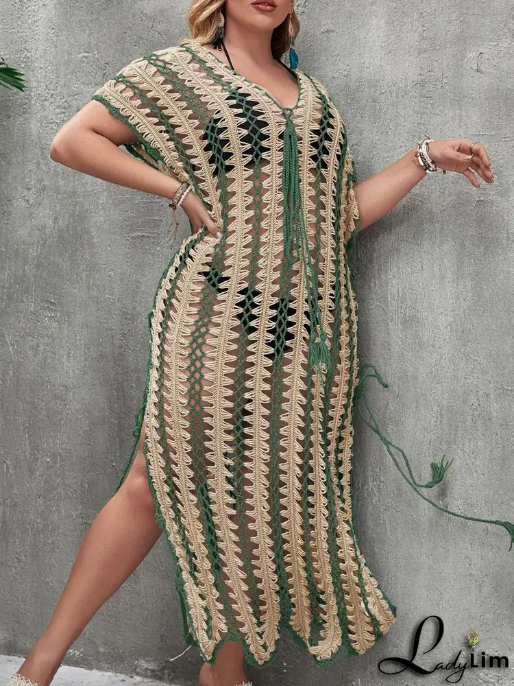 Women's V-Neck Cotton Short Sleeves Hollow-Out Beach Cover Up