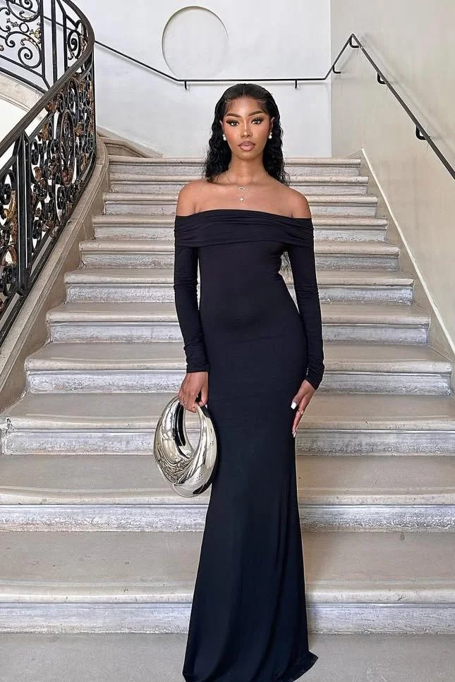 Hellodresses Long Sleeves Off the Shoulder Mermaid Long Prom Dress With Pleated