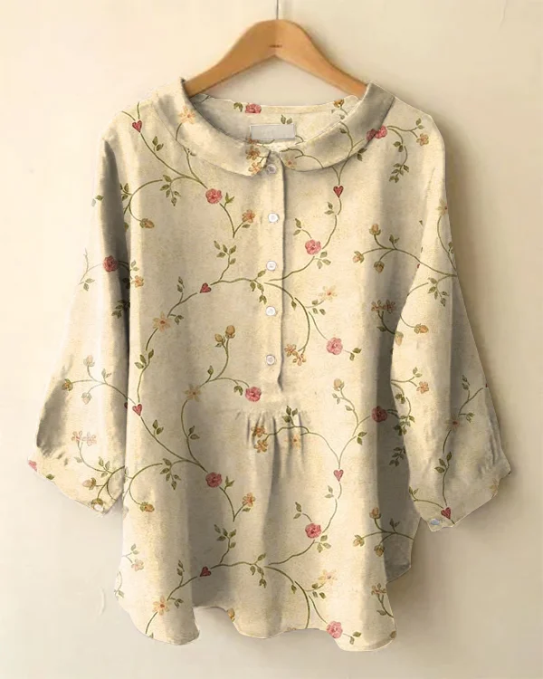 Vintage Long Sleeve Peter Pan Collar Floral Print Shirt