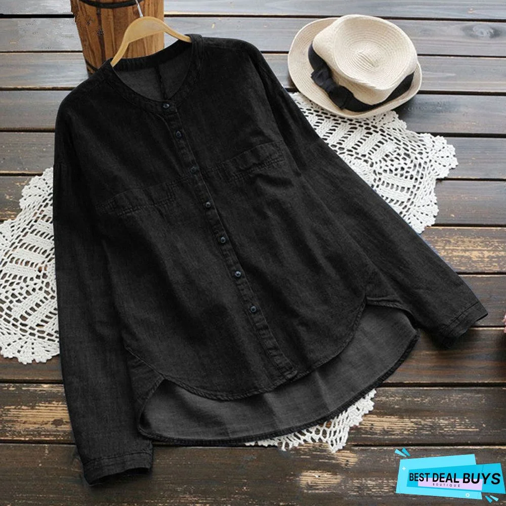 Stand-up collar denim plus size long sleeve women's shirt