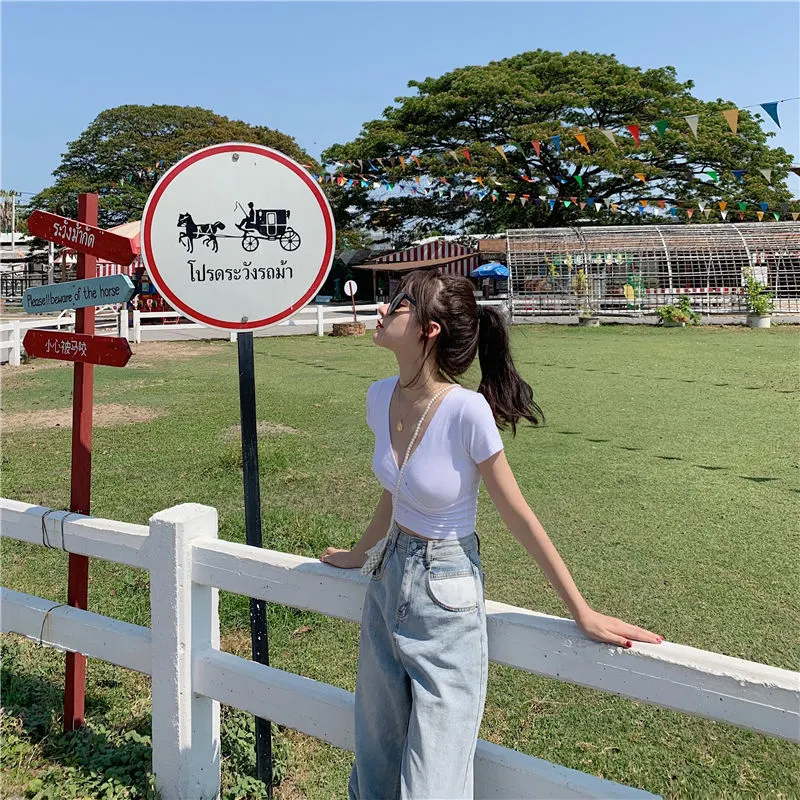 Brownm Brownm T-Shirt Female 2024 Summer New Deep V Collar Outside Wear Low Chest Korean Version Slim Crop Short Style Student Top Tide