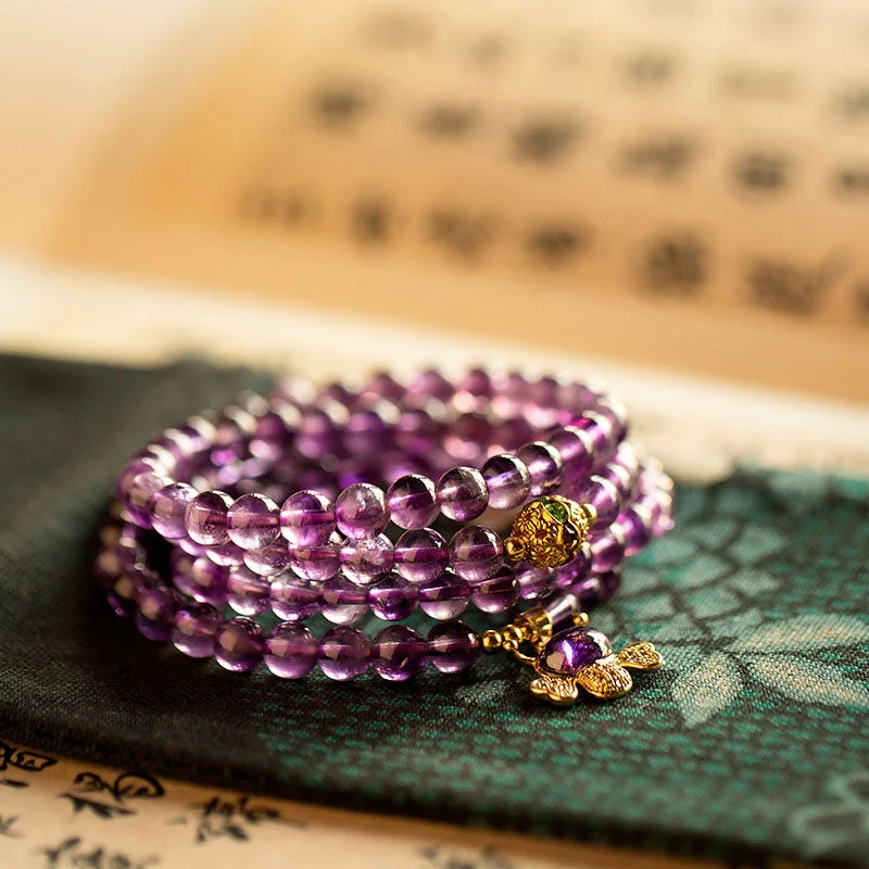 Meditation 108 Beads Amethyst Bee Calm Bracelet Mala