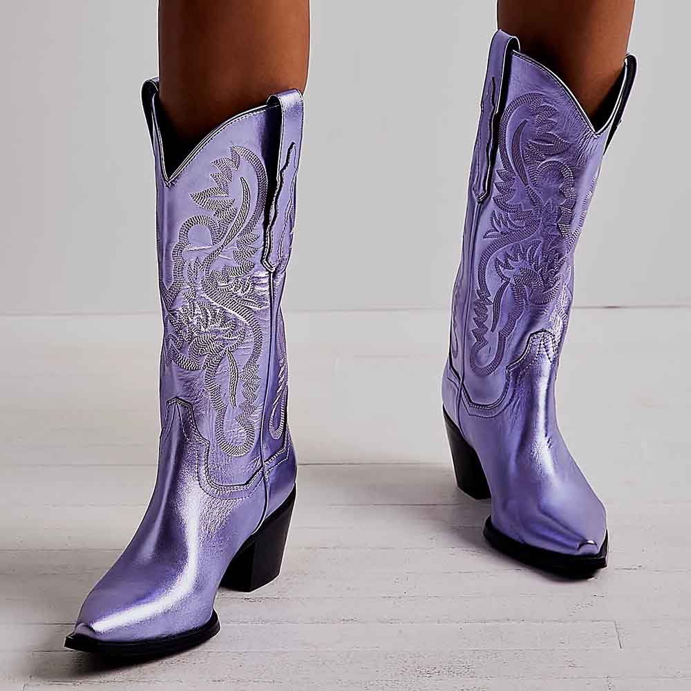 Purple Pointed Toe Embroidered Mid-Calf Cowboy Boots for Women