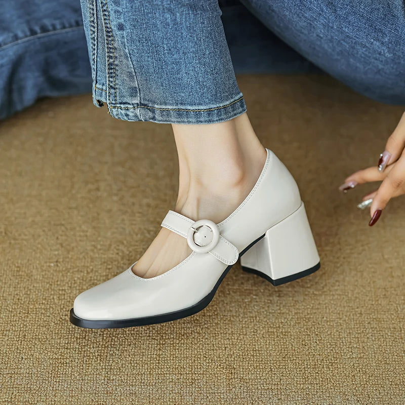 Women Pumps Thick Heels Spring Patent Leather Mary Janes Genuine Leather Round Toe Buckle Strap Retro Office Lady Shoes Woman Aiertu