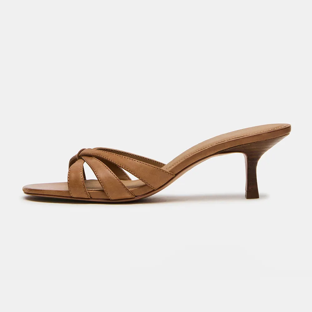 Brown Vegan Leather Open Toe Spool Heel Flip Flops for Women