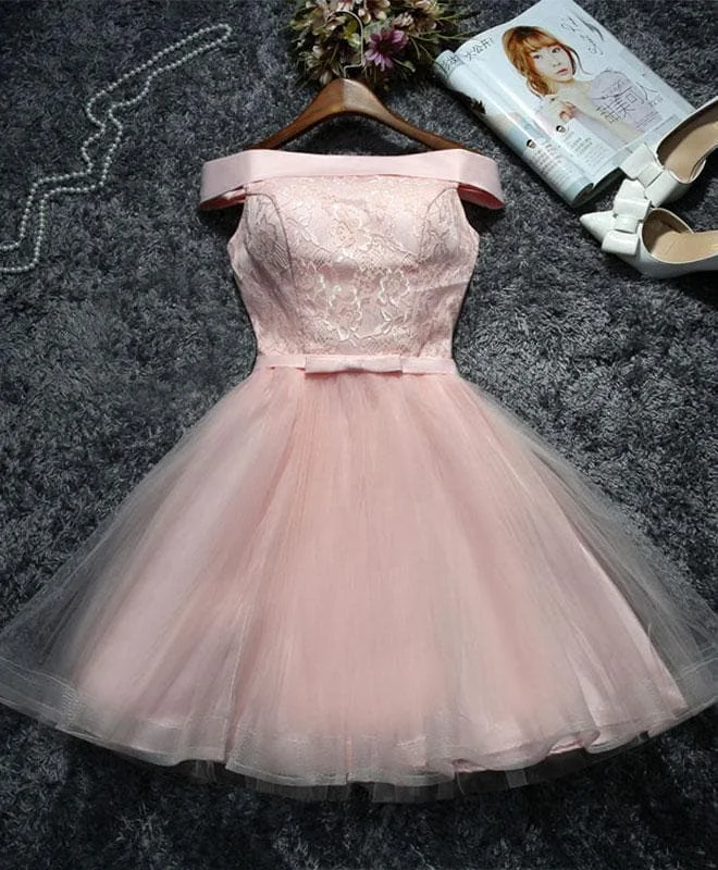 Cute Pink Lace Tulle Short Prom Dress
